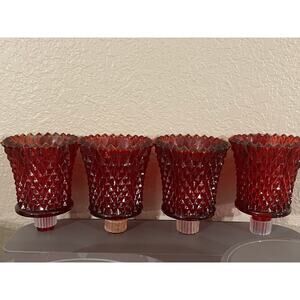 Set of 4 Ruby Red Glass Votive Candle Holders Diamond Cut Vintage Style